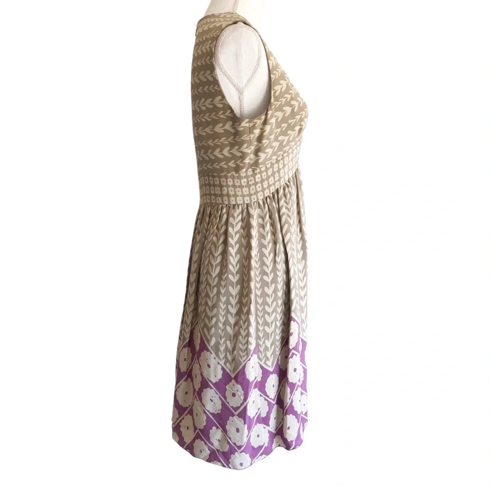 Sleeveless V-Neck Beige and Purple Patterned Women's Dress - Picture 7 of 12